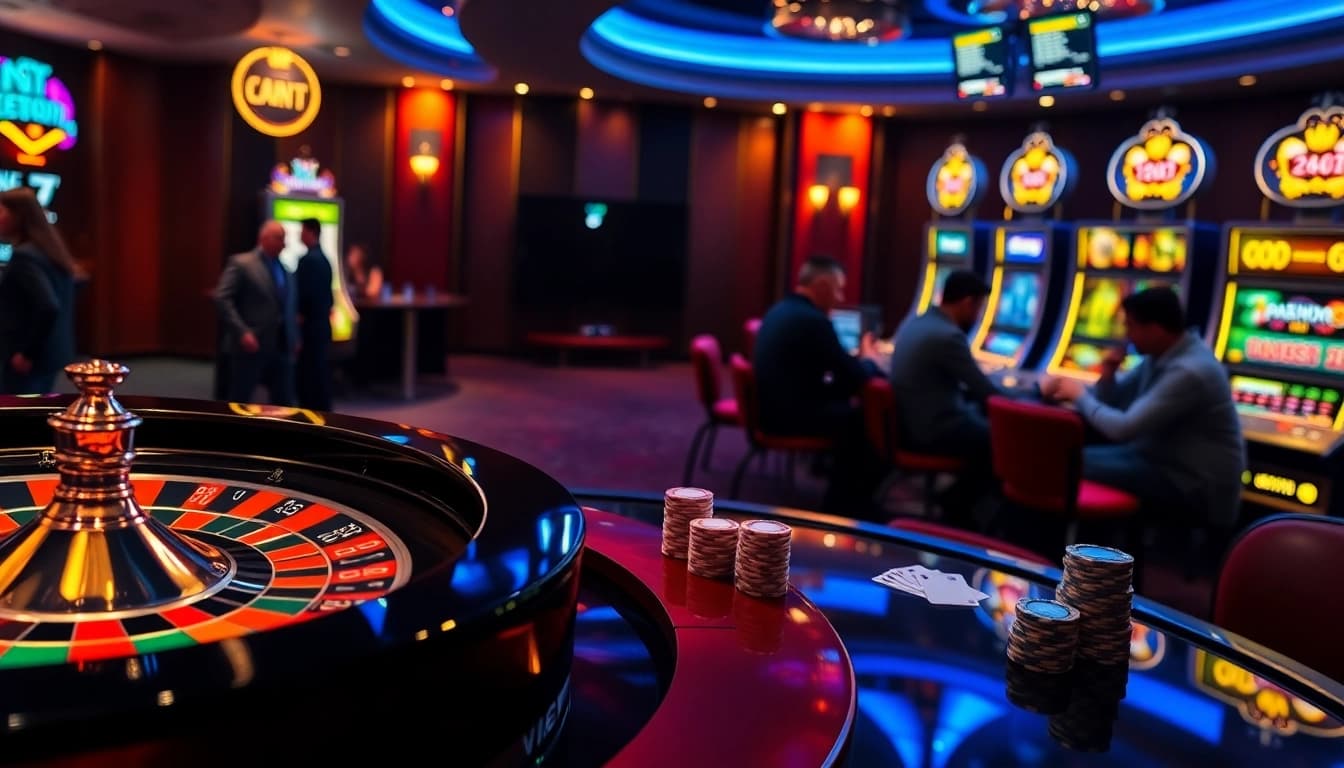 Experience the thrilling ambiance of 77ball cc with vibrant casino visuals, featuring roulette and poker action.