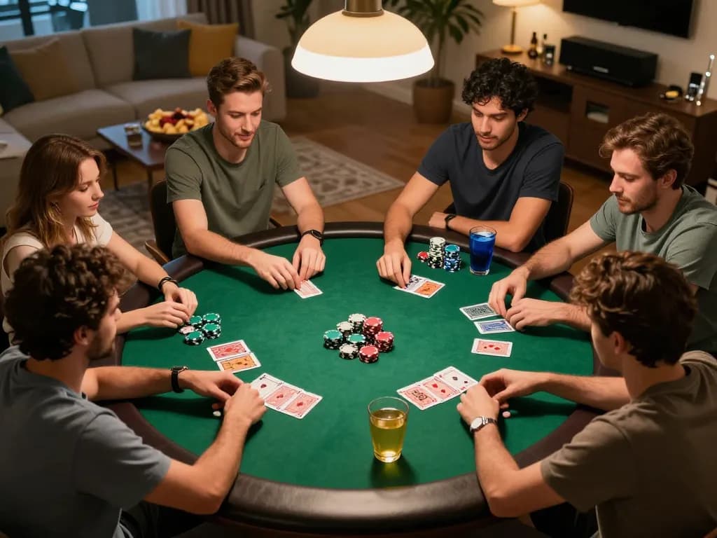 Engaging home poker scene showcasing a friendly game around the table, highlighting 789win action.