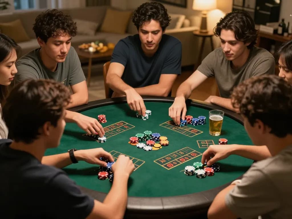Xóc đĩa game in action, friends placing bets and enjoying the atmosphere in a lively home setting.