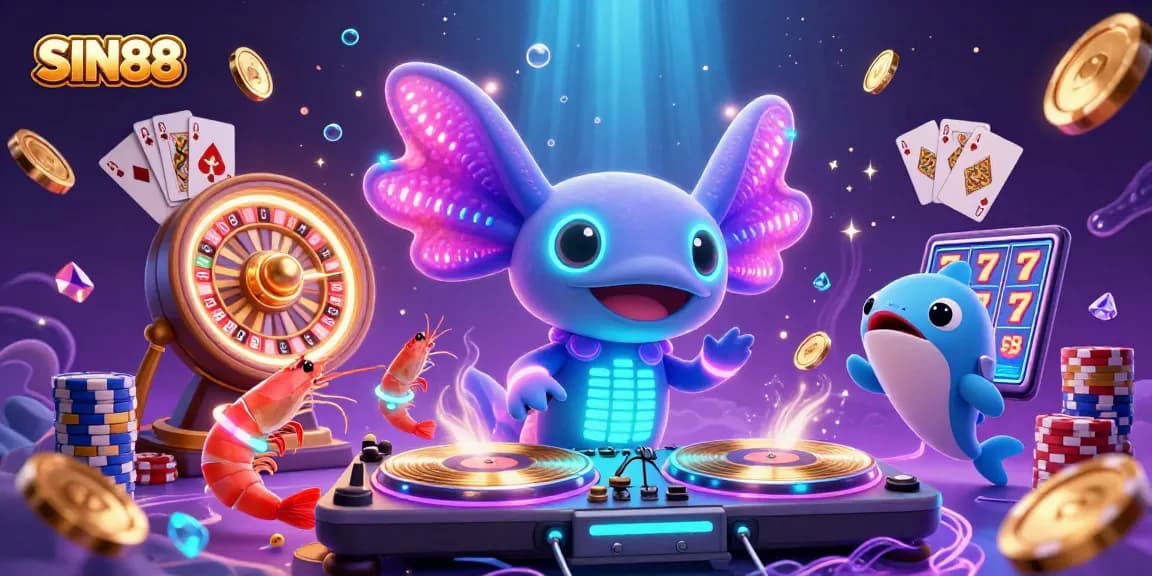 SIN88 hosts a vibrant underwater casino scene featuring an axolotl DJ spinning records with energetic shrimp dancers.