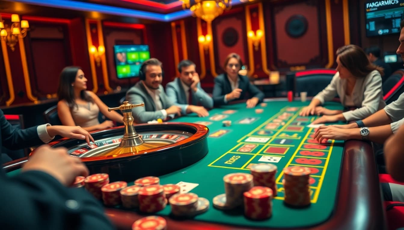 Kèo nhà cái 5 features dynamic poker gameplay at a luxurious casino table, showcasing players and excitement.