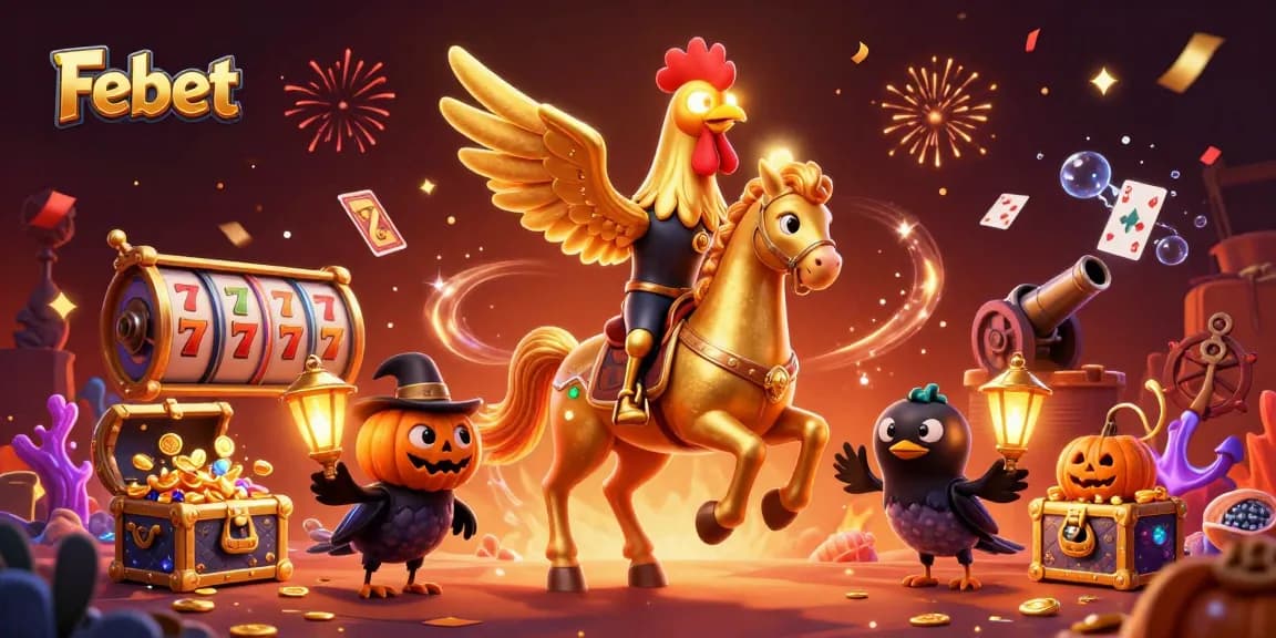 Experience thrilling gameplay with Febet's golden rooster character amidst vibrant casino elements.