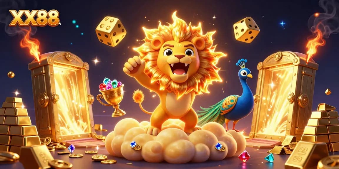 Experience the thrill of XX88 casino with a vibrant 3D illustration showcasing golden treasures and exciting game elements.