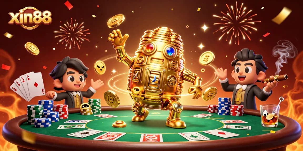 Play at xin88 with a golden golem surrounded by poker chips and cards in a festive casino atmosphere.