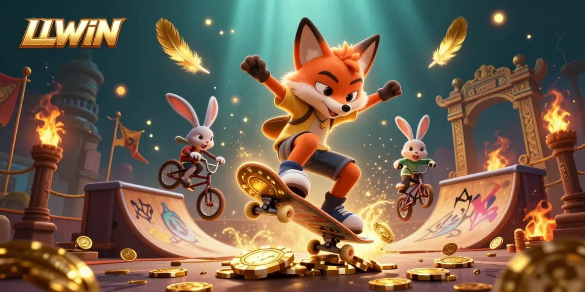 Experience thrills at LLWIN with a vibrant scene featuring cartoonish fox and rabbit in a dynamic casino environment.