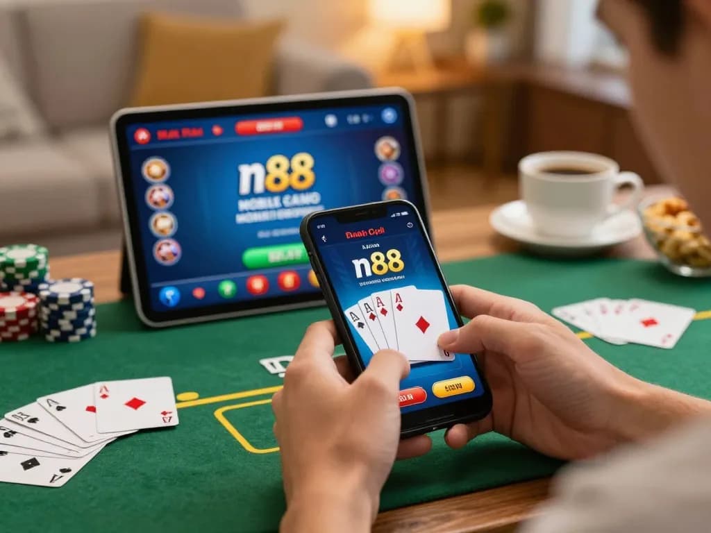 Playing poker on the n88 mobile app in a cozy living space, showcasing engaging gameplay.