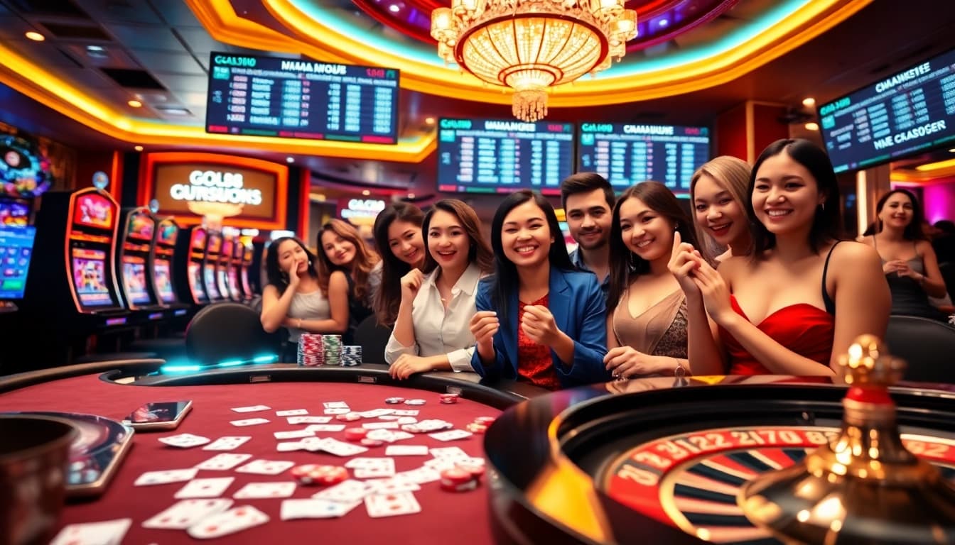 Exciting scene of online gambling at Nhà Cái GO88 with players and casino games.