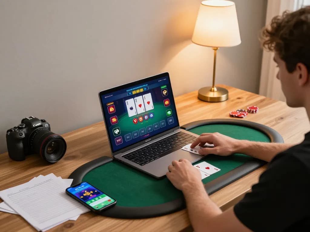 Player engaging with king88 poker game on laptop, displaying cards and betting interface in a cozy home setting
