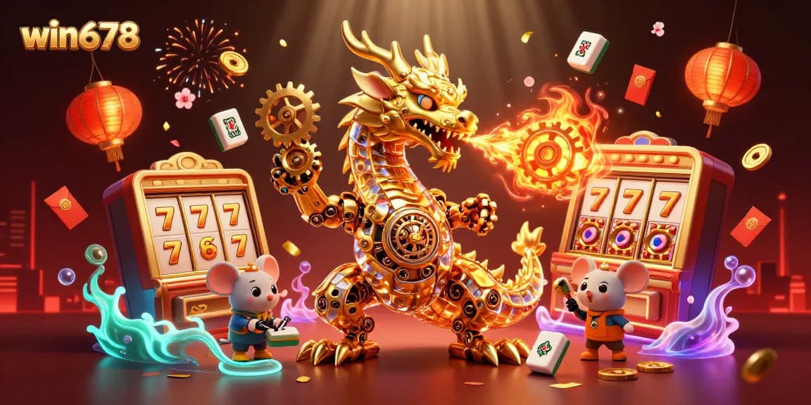 Win678 offers a cinematic gaming experience with a golden dragon and exciting game elements.