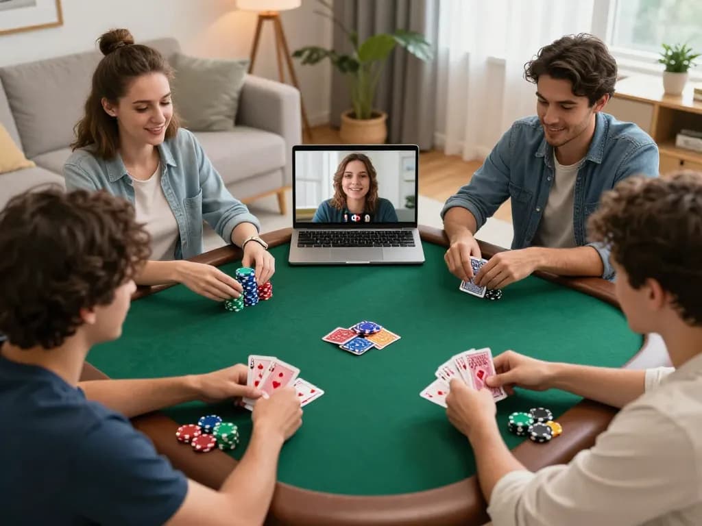 Play a strategic hand in online poker at 79KING with friends in a cozy gaming setup.