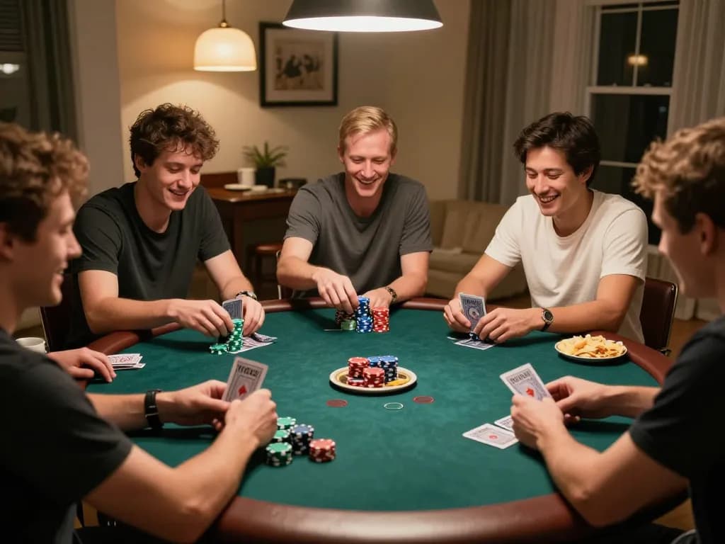 Fun79 poker night scene with friends enjoying Texas Hold'em at home, showcasing excitement and strategy.