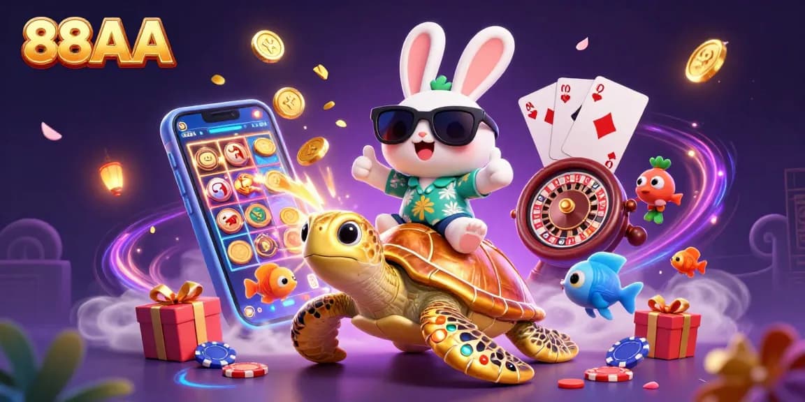 88AA offers thrilling gaming experiences with a lucky rabbit and golden turtle in a vibrant casino scene.