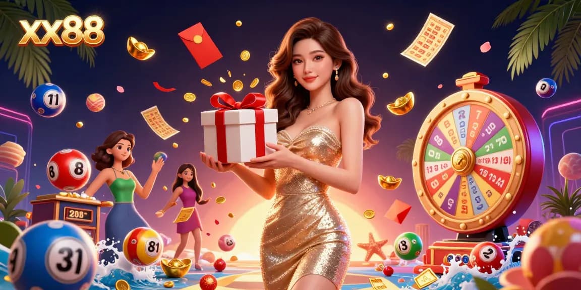 Elevate your game at xx88, as a dazzling woman celebrates with casino elements and gold coins.