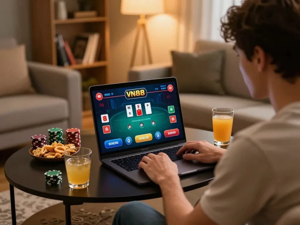 Player engaging with VN88 poker app on a laptop in a cozy home environment, emphasizing online gaming excitement.