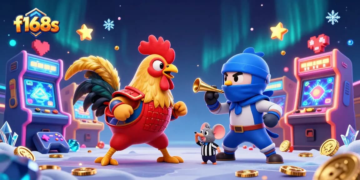 Watch f168s roosters in a dramatic standoff among vibrant casino elements and 3D gaming charm.