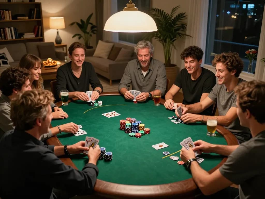 Action-packed home poker night scene at https://789win2.us.com/ with friends playing Texas Hold'em.
