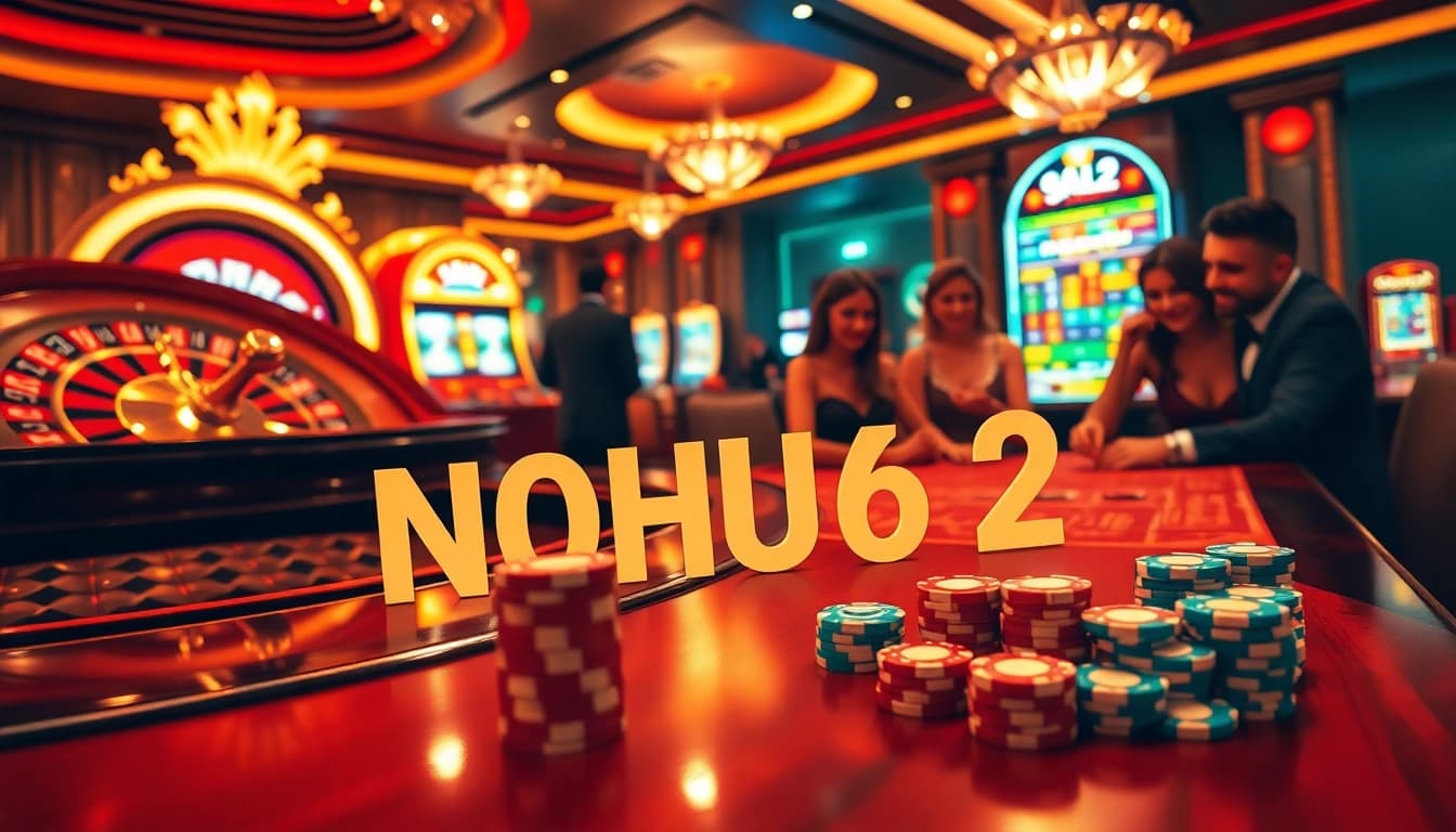 Experience the thrill of NOHU52 with vibrant slot machines and eager players at the casino tables.
