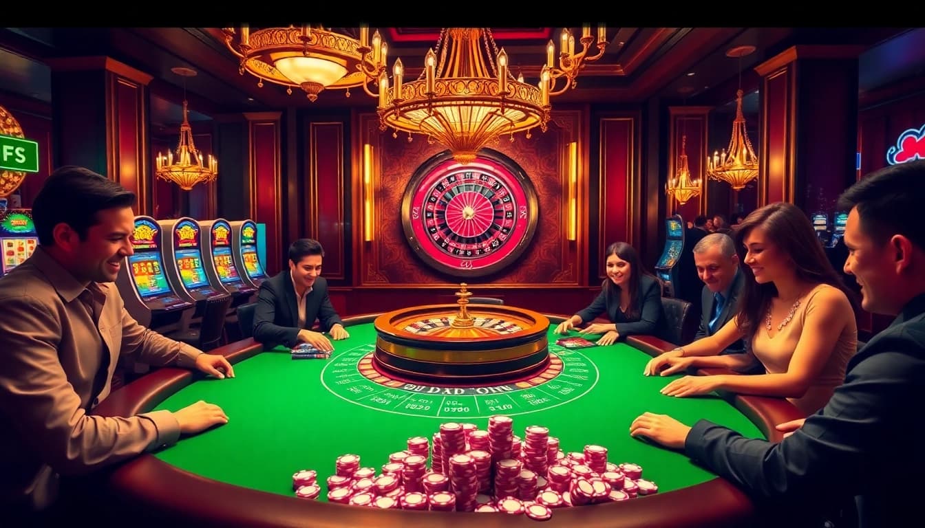 BJ88 poker players enjoying a lively game amid luxurious casino decor.