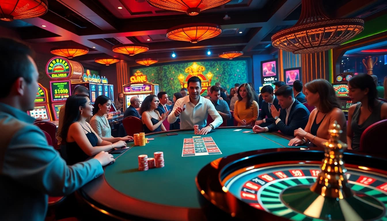 Experience the thrill of winning with lương sơn at the luxurious poker table, surrounded by vibrant casino elements.