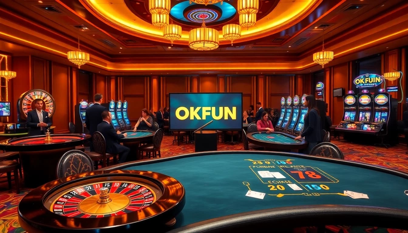 Players enjoying various casino games at OKFUN, showcasing excitement and vibrant atmosphere.