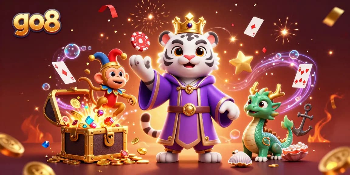Engage in thrilling casino excitement with go8's vibrant 3D illustration featuring a white tiger and monkey.