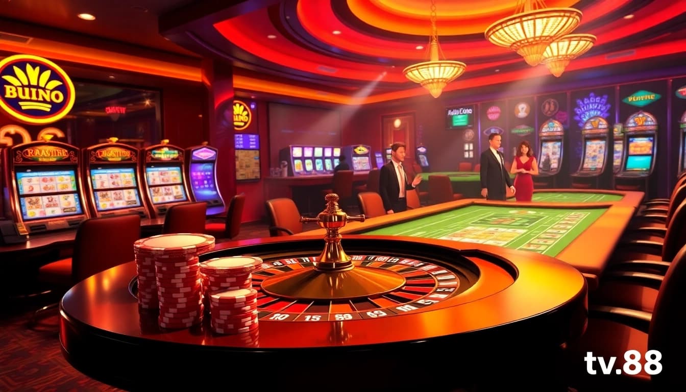Experience the excitement of winning at tv88.page with a vibrant casino scene showcasing roulette, poker chips, and slot machines.