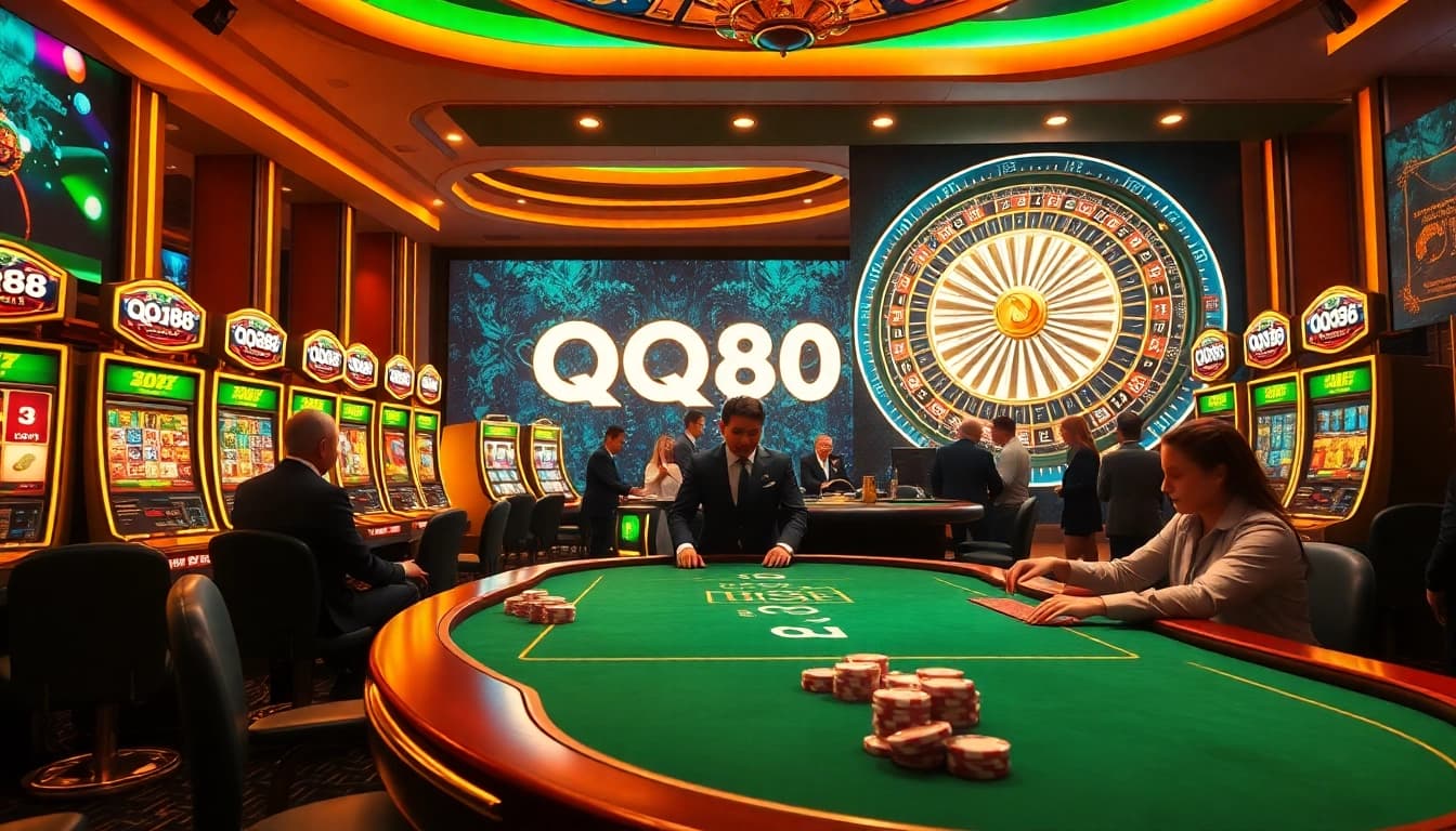 Experience thrilling gameplay at QQ88 casino, featuring vibrant tables, exciting slot machines, and lively poker interactions.