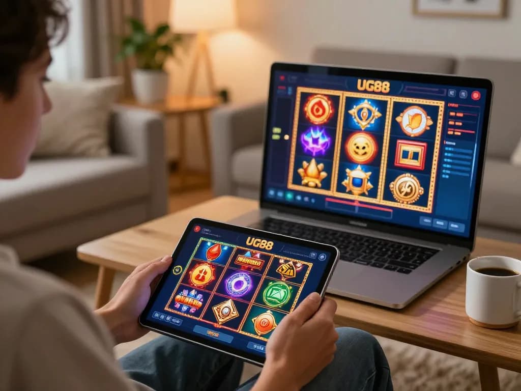 Player engaging with the UG88 app on tablet in a comfortable home setting, showcasing online casino excitement.