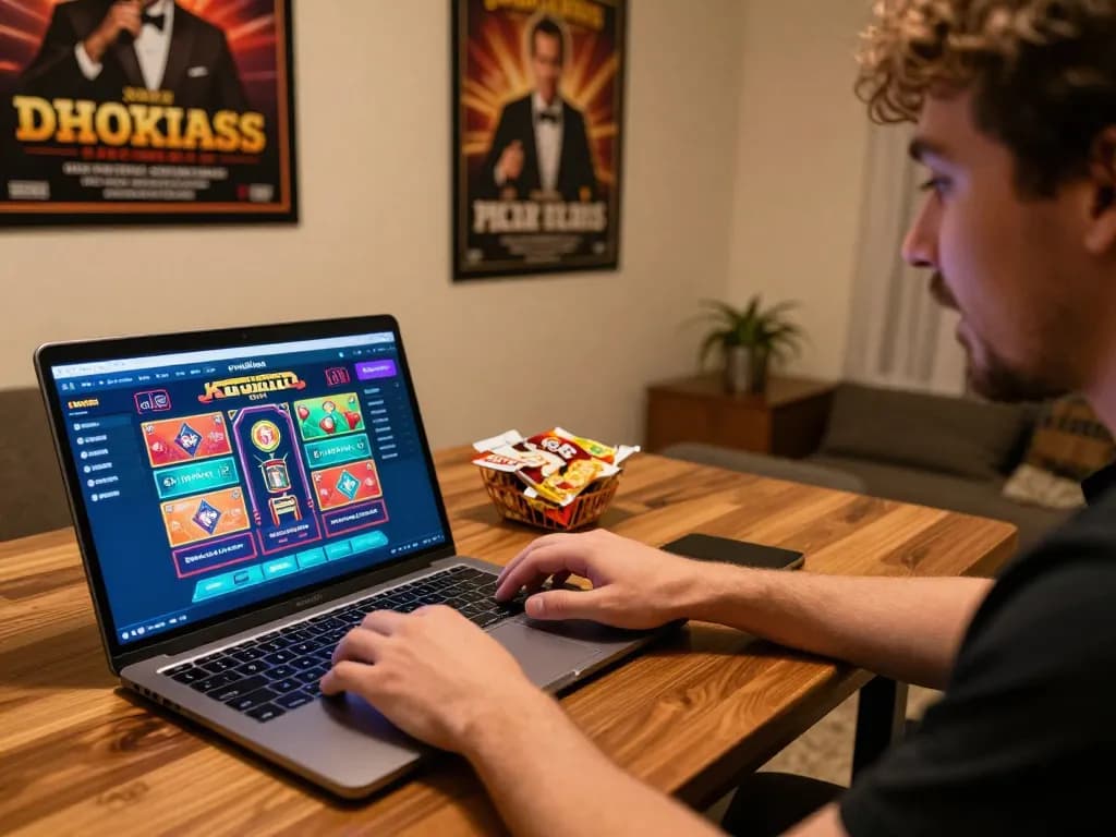 Engaging online gaming session showcasing nhà cái uy tín on laptop in a cozy home setup