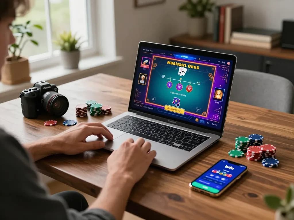 Engaging online poker gameplay on iwin app with vibrant graphics and scattered chips in cozy home.