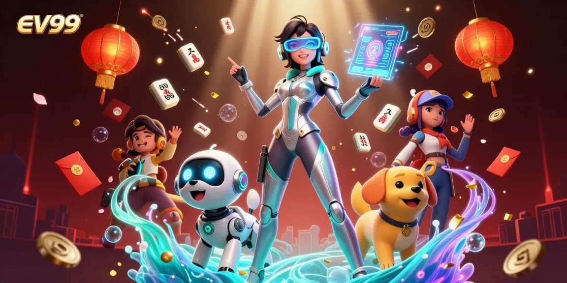 Experience the thrill of ev99 with a futuristic casino scene filled with holographic elements and vibrant colors.