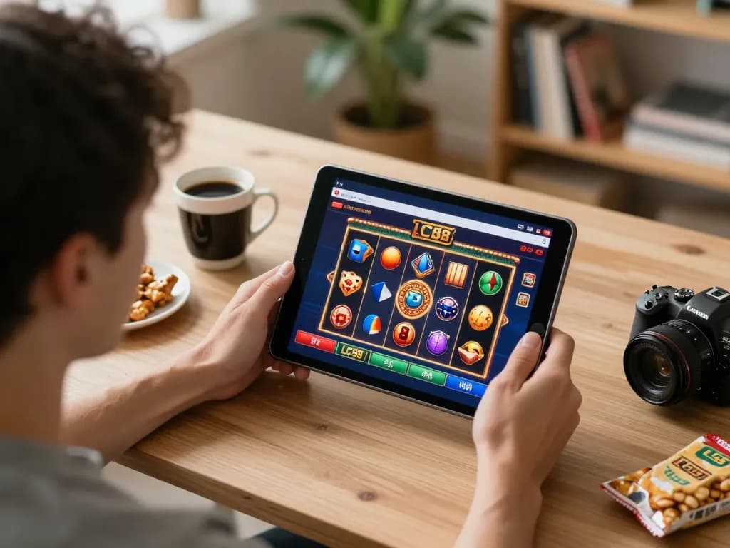 Engaged gamer exploring LC88 online casino interface on tablet with snacks nearby