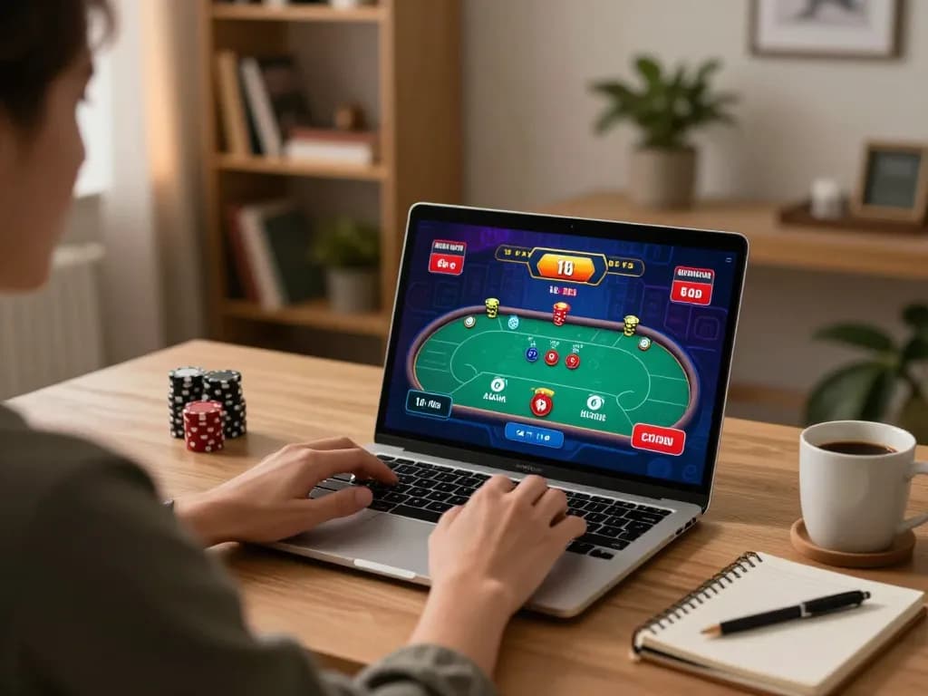 Player engages in thrilling online poker at rr88, showcasing strategy and excitement in a cozy home setup.