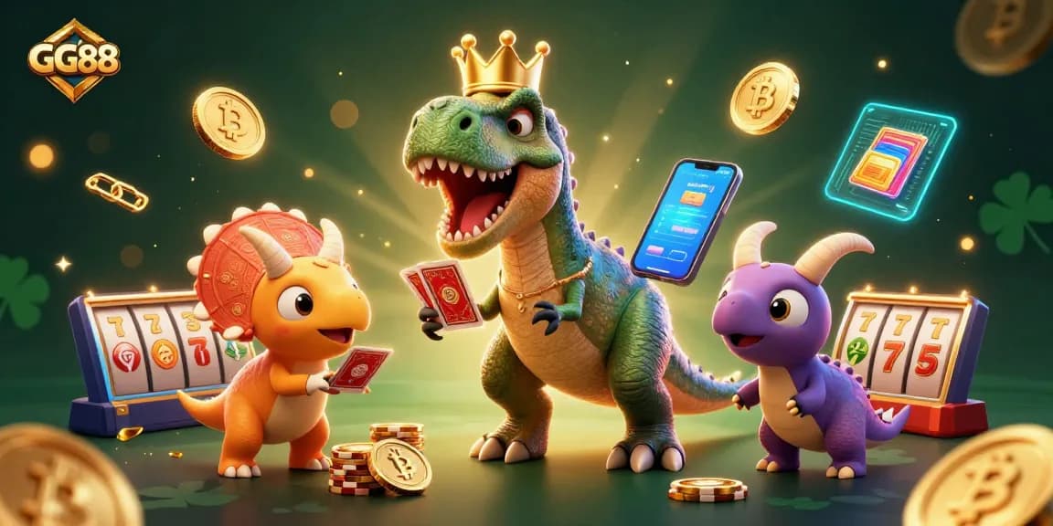 GG88 casino game scene with a dinosaur and golden chips amid vibrant slot elements.