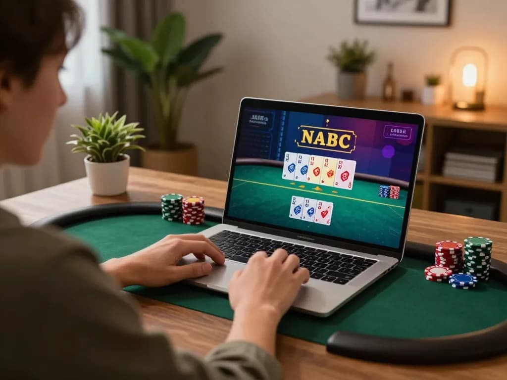 Engaging strategy session for 78 win poker game on laptop at cozy home office.