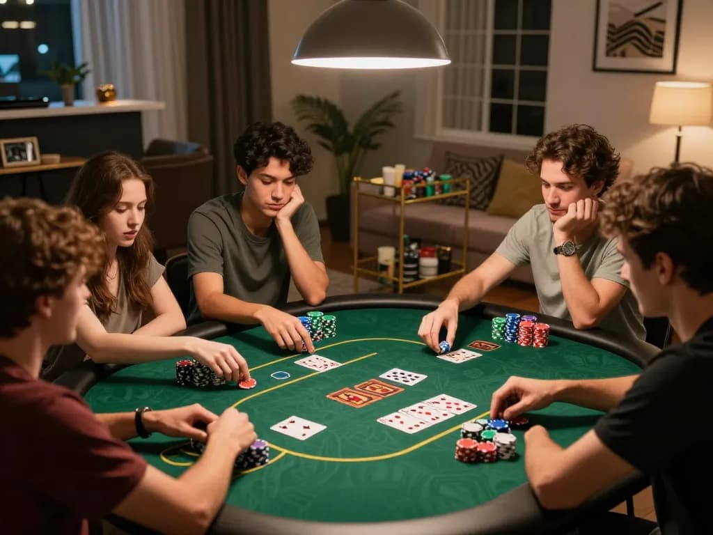 Friends enjoying poker night at home with sunwingo themed atmosphere, showcasing excitement and strategy