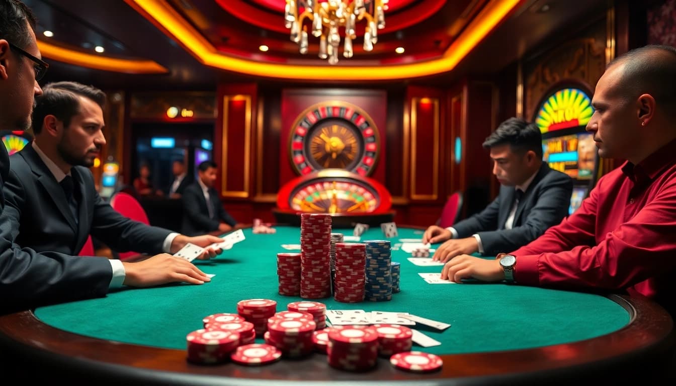 NK88 players engaged in a thrilling poker game at a luxurious casino table.
