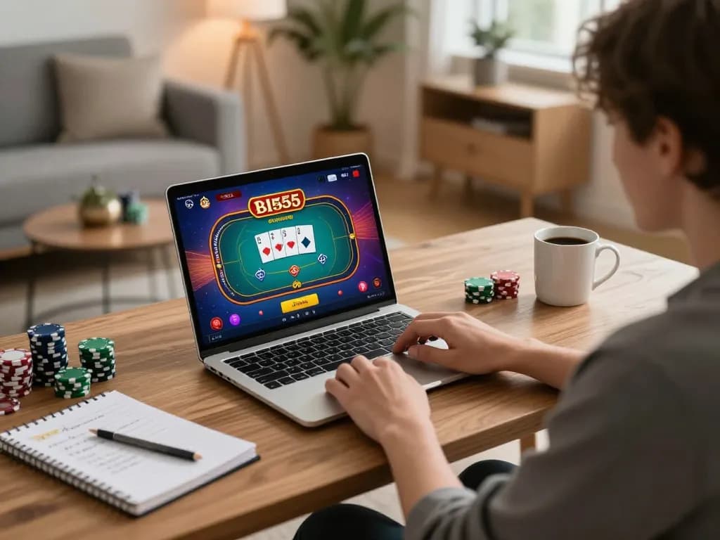 Engaging in a thrilling poker game on bl555 online amid a cozy home office