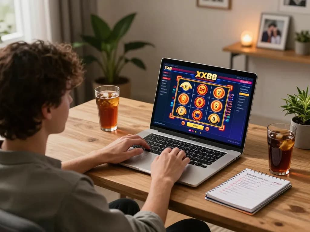 Player engaging with XX88 online casino interface during a home gaming session.