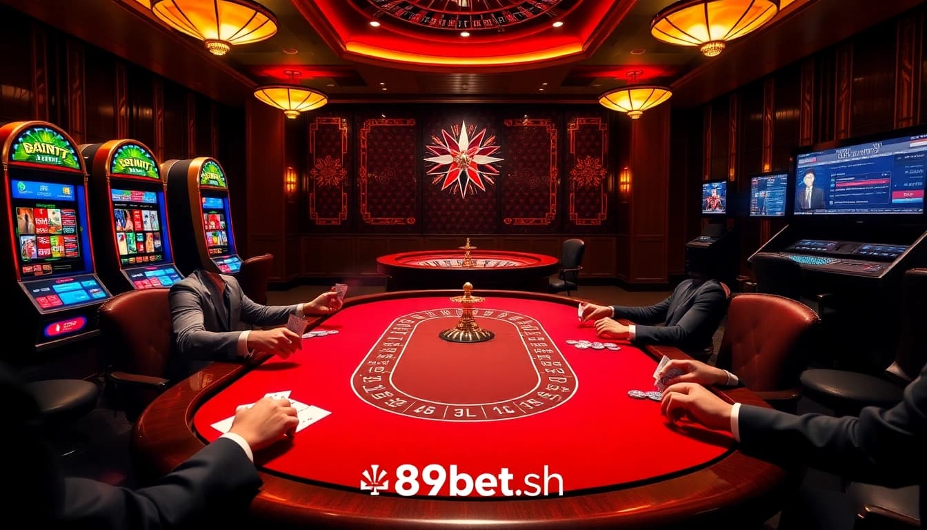 Players betting at a poker table in a luxurious casino featuring 89bet.sh gaming elements.
