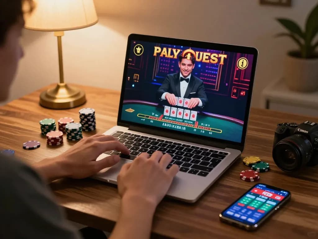Player enjoying an online blackjack game at home, showcasing hay88x's engaging casino experience.