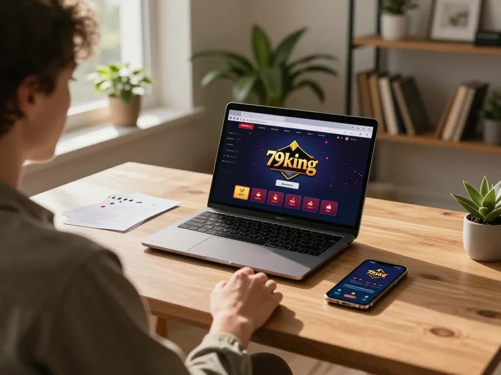 Person engaged in online gambling at 79king using a laptop, showcasing a relaxed home gaming environment.