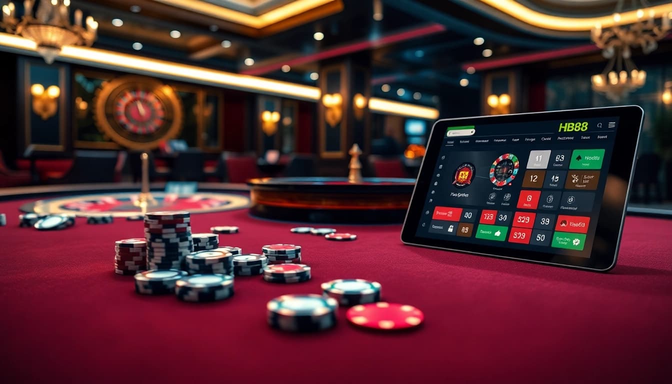 Experience thrilling games at HB88 with luxurious gaming tables and vibrant casino decor.