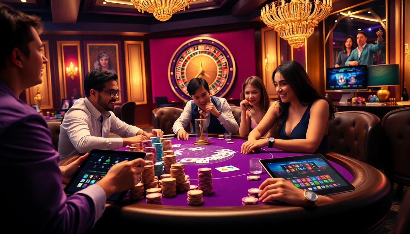 Players engaging in poker at a casino inspired by https://luck88.games/, showcasing vibrant chips and cards.