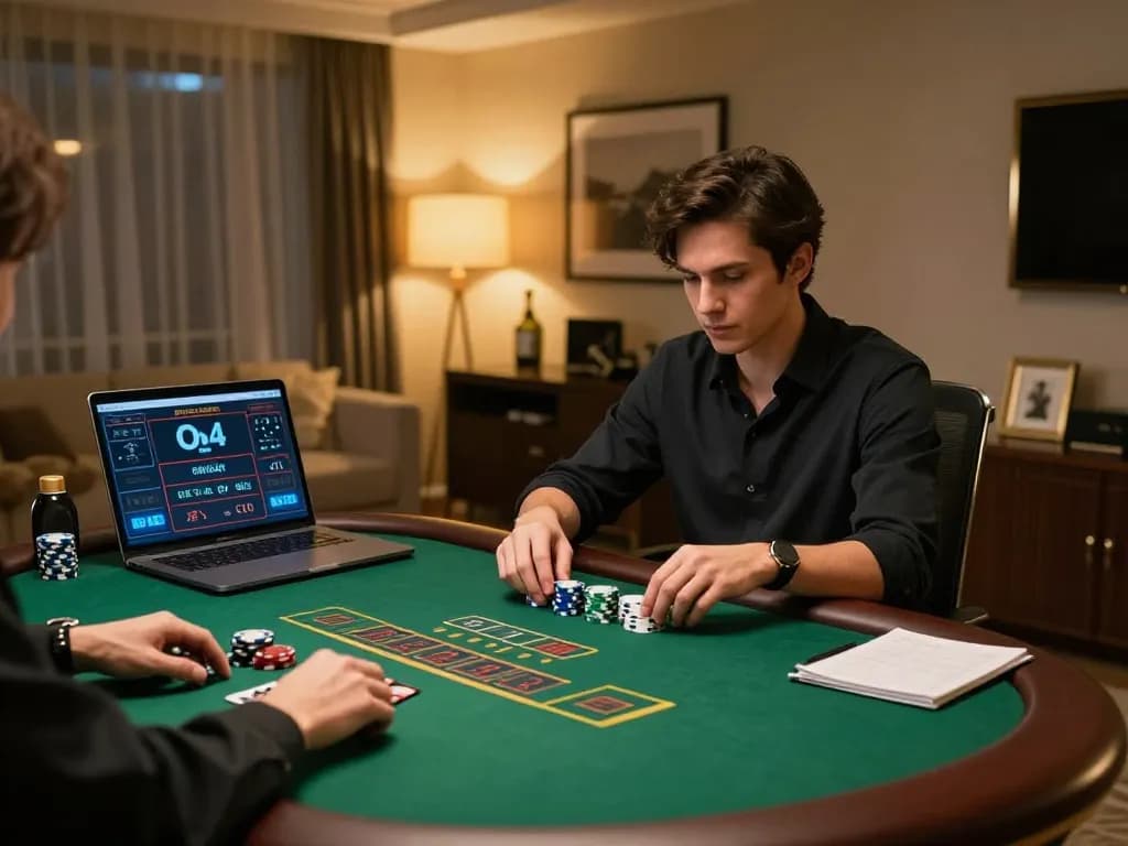 AX88 player strategizing bets during an online blackjack session in a stylish home office