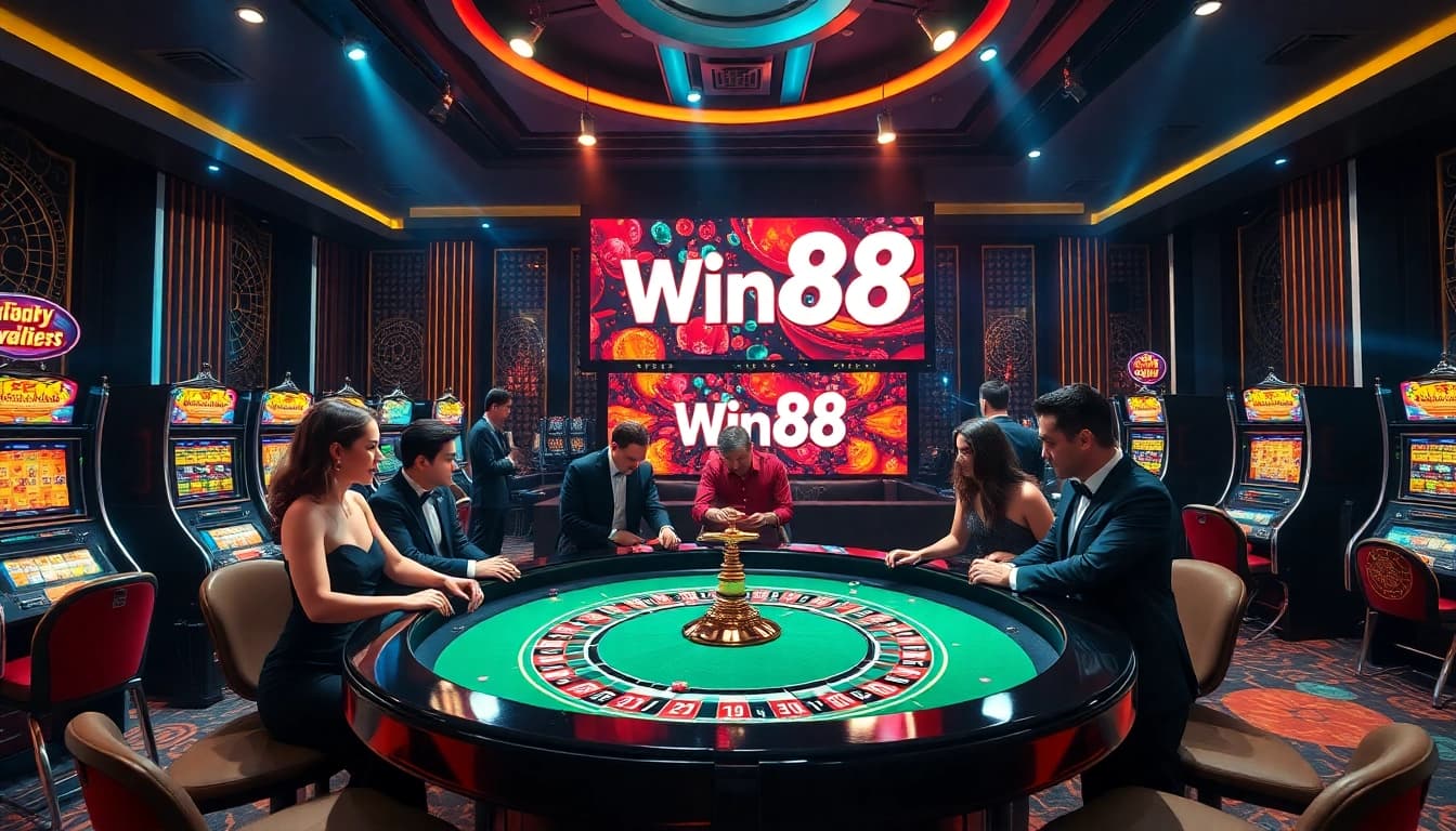 Players revel in the excitement of win88 at a vibrant casino roulette table.