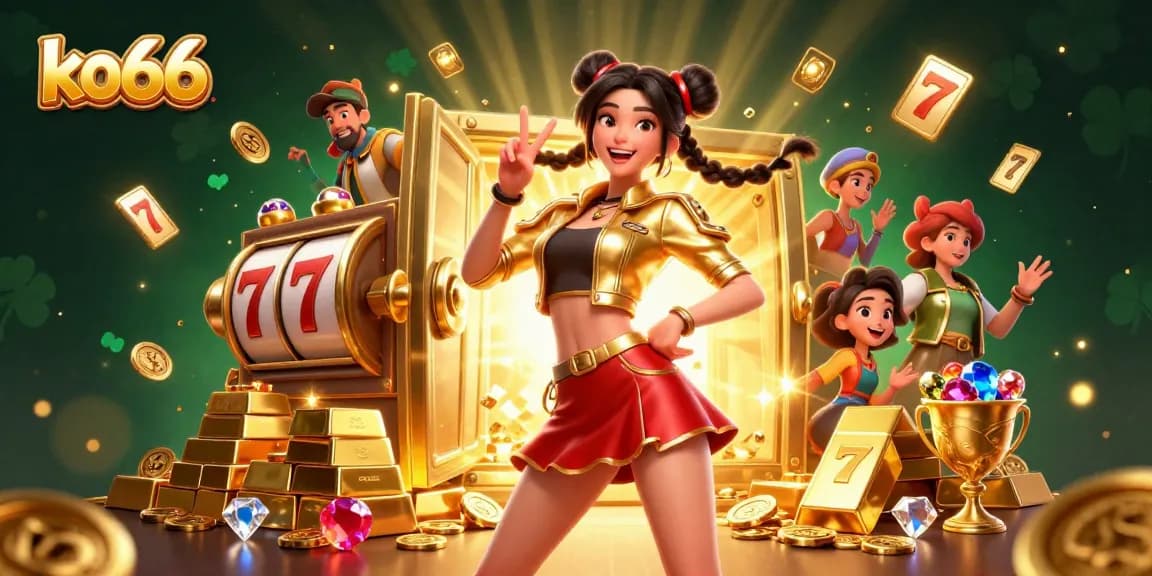Engage with ko66 slot games surrounded by a dynamic casino scene filled with treasures and excitement.