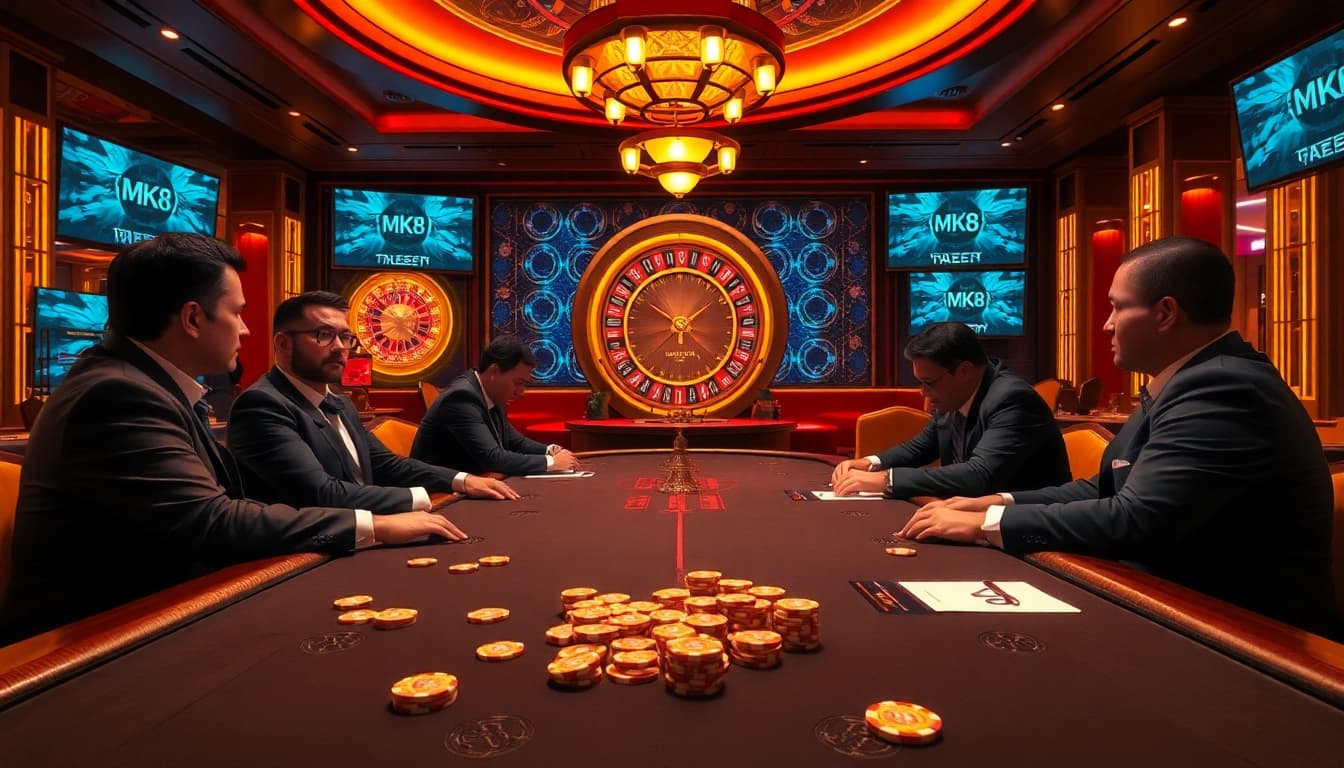 Engaging MK8 poker players strategizing at a luxurious casino table