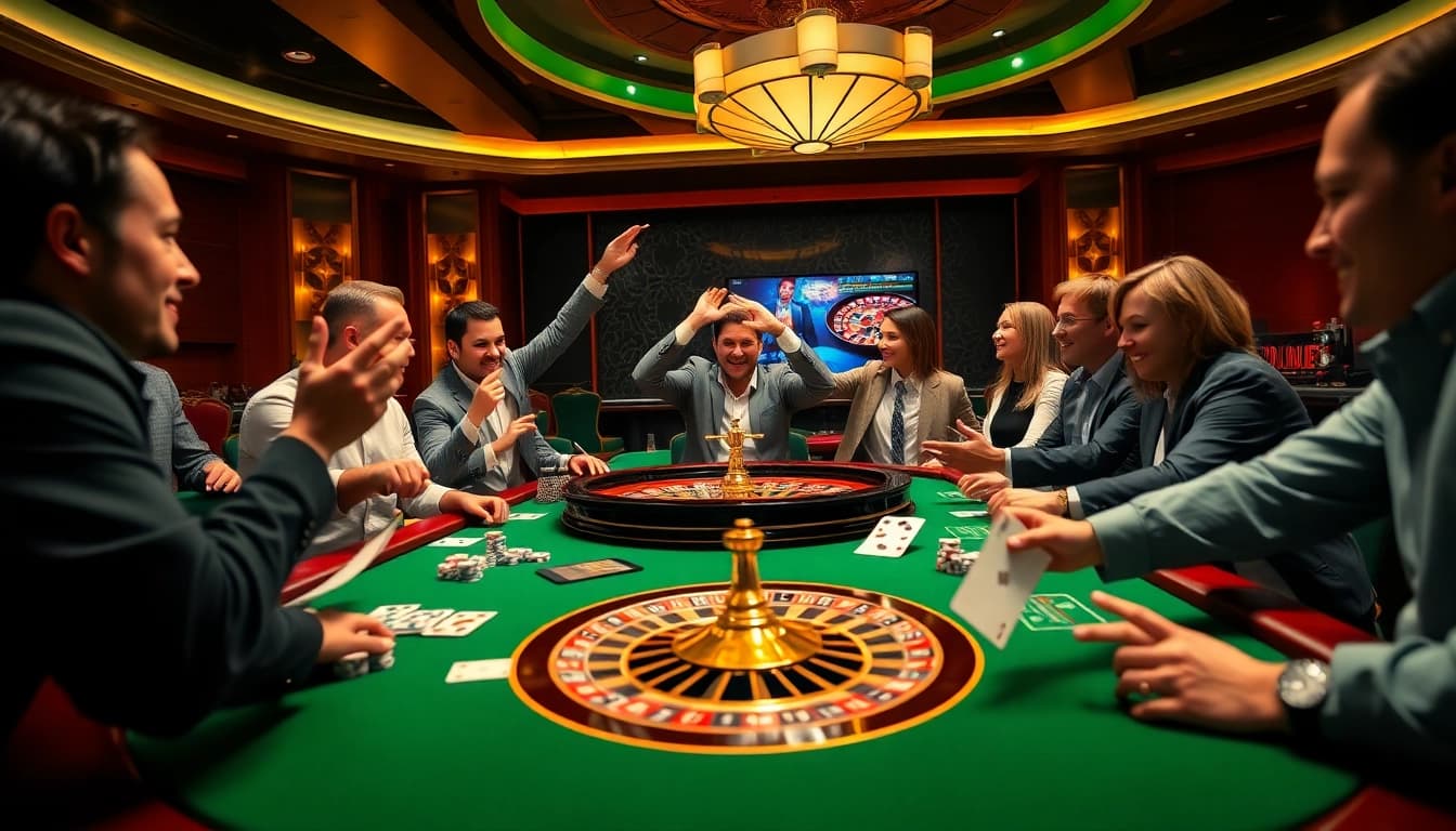 Experience online gambling excitement at https://l444.art/ with a vibrant casino scene featuring players and gaming elements.