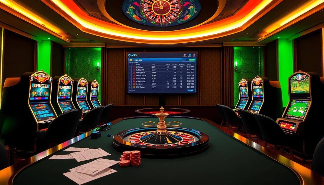 Crickex betting scene featuring poker chips, cricket match displays, and vibrant casino ambiance.